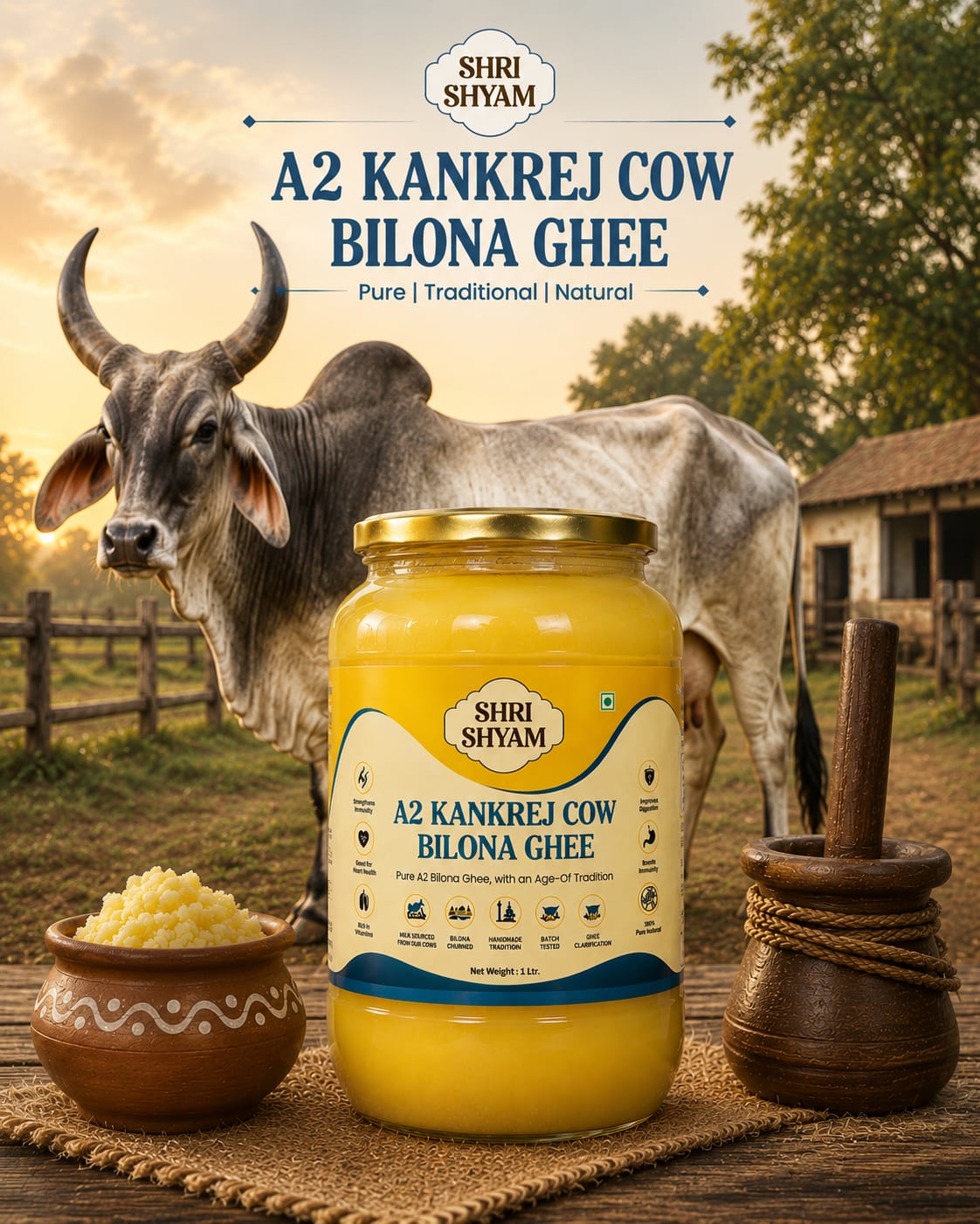 A2 Kankrej Cow Bilona Ghee Glass Jar